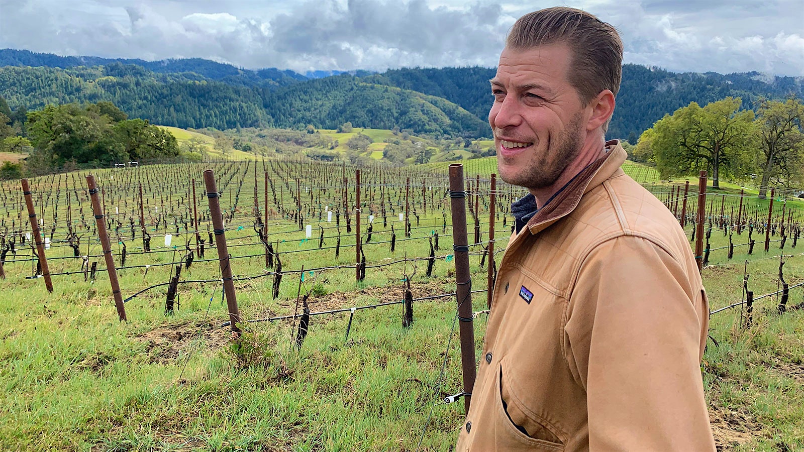 Idlewild founder Sam Bilbro stands in front of rows of vines on Lost Hills Ranch overlooking forested hillsides beyond